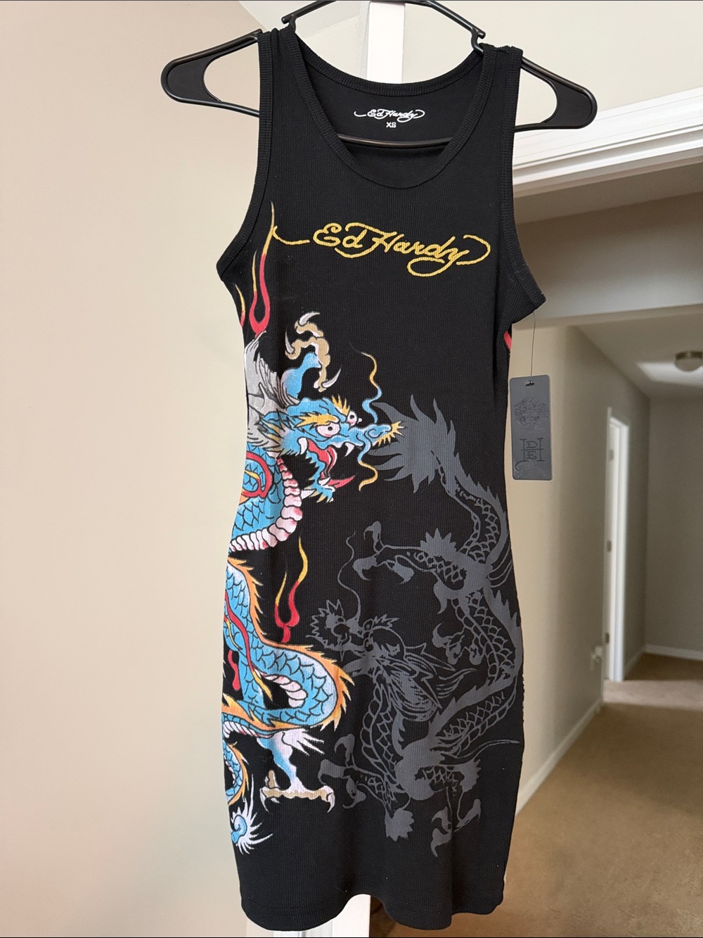 Women’s Ed Hardy Black Tank Dress with Blue, Red & Yellow Dragon size XS NWT